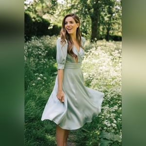 GAL MEETS GLAM COLLECTION Vera Satin Fit & Flare Dress In Sea Glass